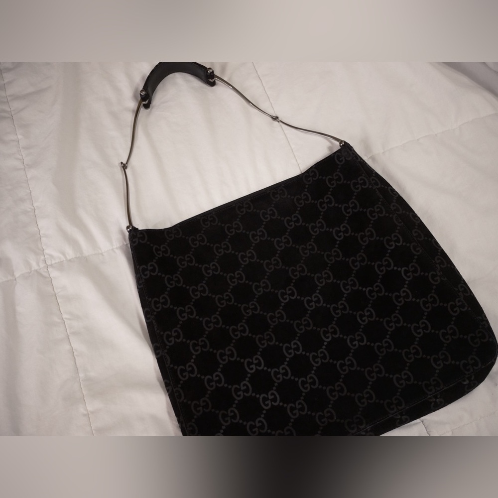 RARE Vintage Gucci Black Suede Monogram Metal Horsebit Strap Hobo Bag - Picture 13 of 17